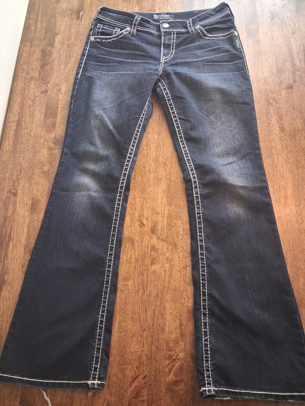 Silver Suki Flap Dark Blue Flare Jeans with White Contrast Stitching 31x32